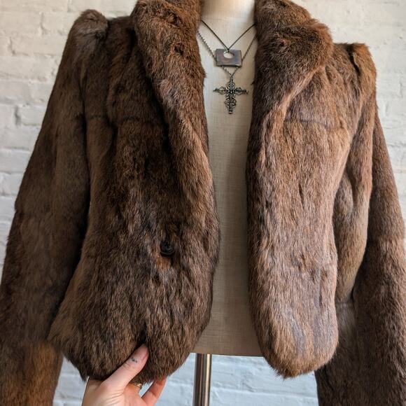 Vintage Brown Rabbit Fur Coat Crop Penny Lane Shaggy Furry Chic Mod Jacket - Picture 6 of 9